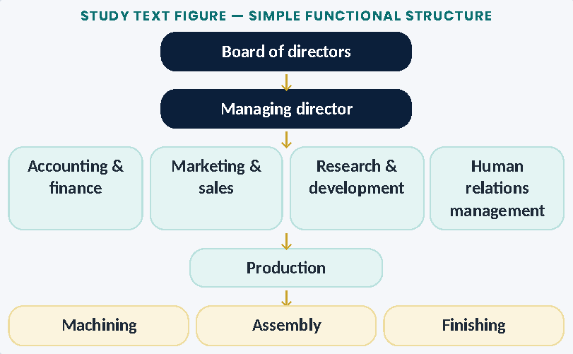Diagram: STUDY TEXT FIGURE — SIMPLE FUNCTIONAL STRUCTURE ↓ ↓ ↓ ↓ Accounting & finance Research & development Human relations management Marketing & sales Board of directors Managing director Production Finishing Machining Assembly