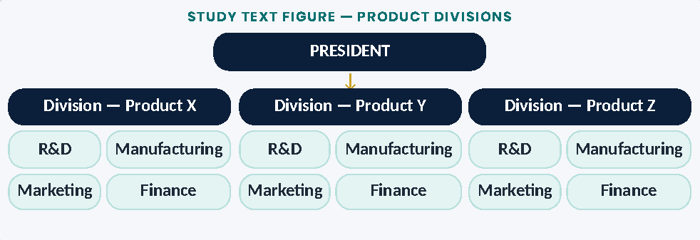 Diagram: STUDY TEXT FIGURE — PRODUCT DIVISIONS ↓ PRESIDENT Division — Product Y Division — Product Z Division — Product X Manufacturing Manufacturing Manufacturing Finance Finance Finance R&D R&D R&D Marketing Marketing Marketing