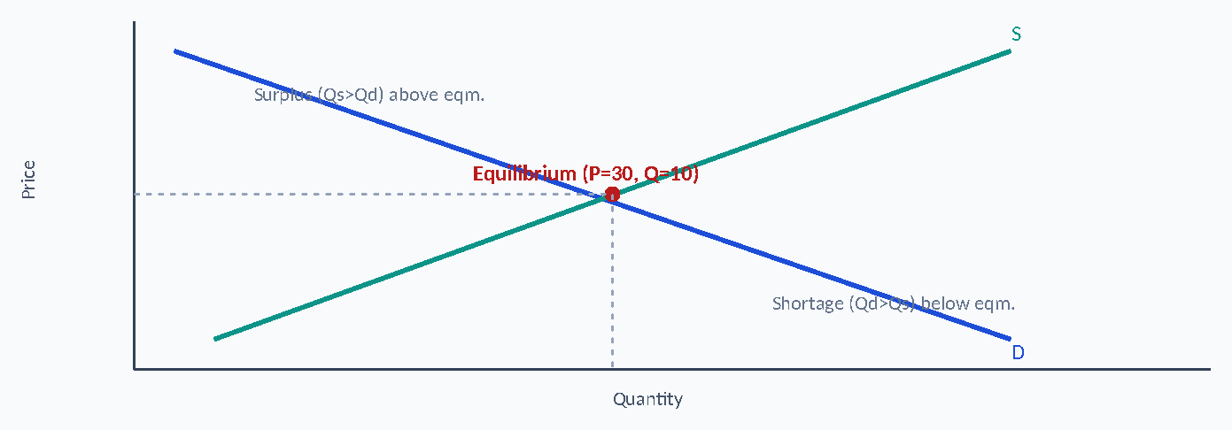 Diagram: S Surplus (Qs>Qd) above eqm. e Equilibrium (P=30, Q=10) ci r P Shortage (Qd>Qs) below eqm. D Quantity